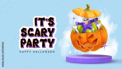 Happy Halloween day. Pumpkin bag basket with gift boxes with scary smile jack o. Pumpkin on a round platform in smoke and fog. Realistic 3d design in plastic style. Vector illustration