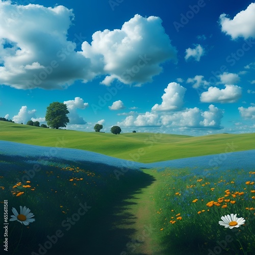 Beautiful meadow and blue sky backgrounds photo