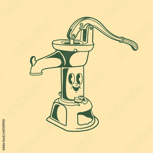 Vintage character design of hand pump water