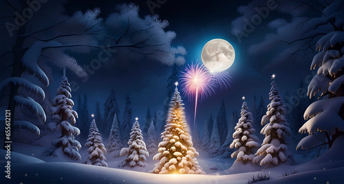 Fantasy winter landscape with snowy fir trees and big full moon.