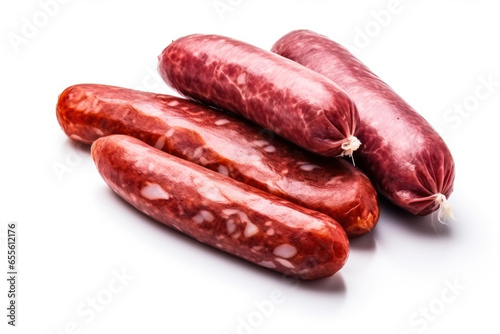 Couple of beer sausages and cured meats isolated on white background 
