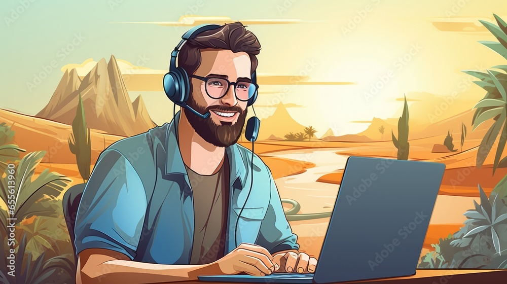 Customer Service Man with Headphones and Microphone with Laptop Illustration Concept for Support and Call center.