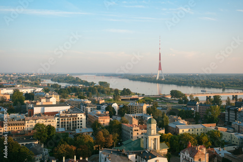 View of the Riga TV Tower and Daugava River from the Latvian Academy of Sciences Observation deck in Riga, Latvia