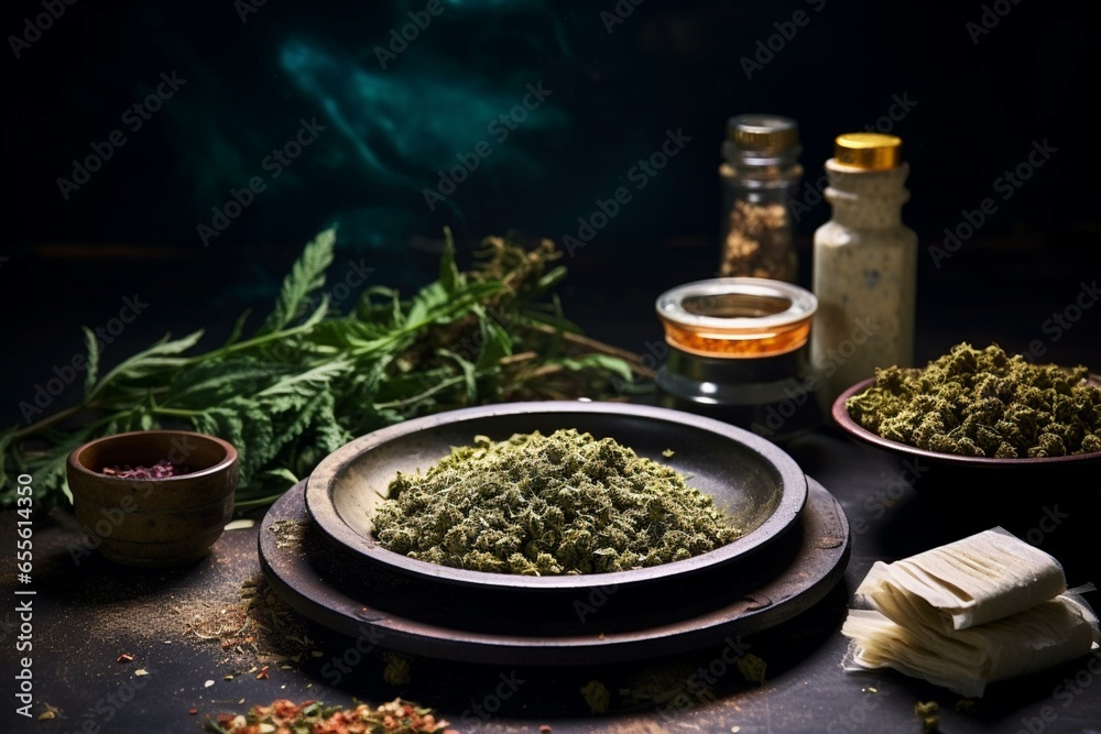 Preparing joint and drug paraphernalia concept with herb grinder