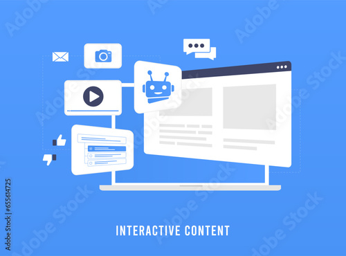 Interactive content marketing concept. Interactive content engages audiences actively for better experience. It includes quizzes, calculators, polls, games, photo, dynamic presentations, video content
