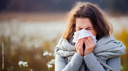 Woman sneezing into a paper tissue. Concept of allergies, colds and getting sick. Shallow field of view with copy space. photo