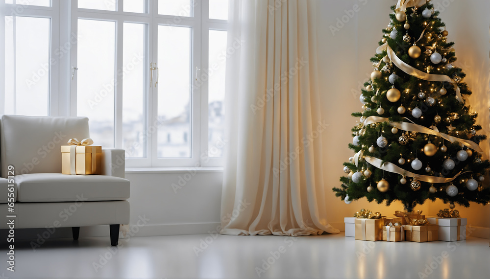 A white, empty room with a perfectly decorated Christmas tree in the corner, adorned with delicate silver and gold ornaments.