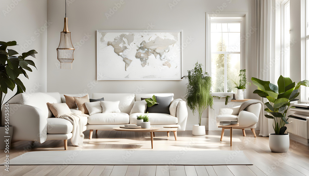 Modern living room simple interior design with white fabric sofa and cushions and blank poster frame Modern living room simple interior design with white fabric sofa and cushions and blank poster frame