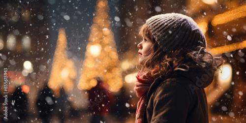A side profile of girl child standing next to a Christmas tree in the city, snow in the city square, christmas market, winter season