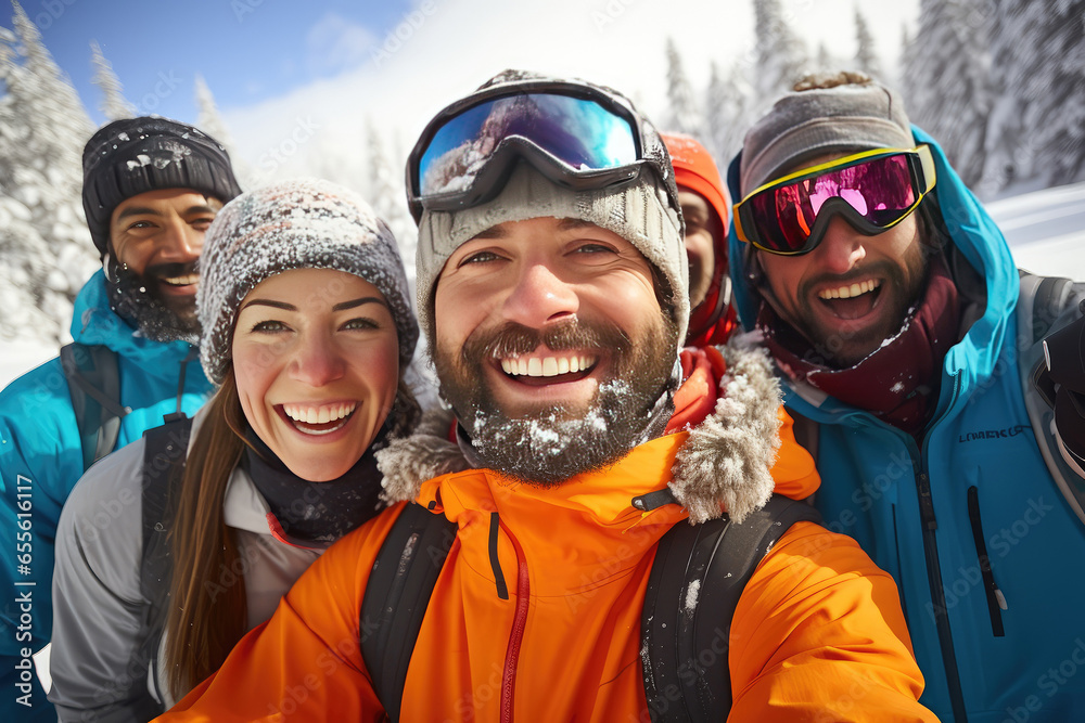 A group of skiers, women and men take a selfie on a ski slope