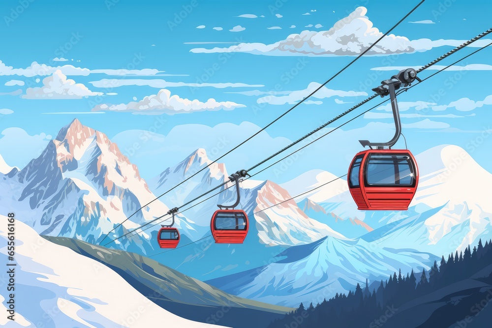 Φωτογραφία Illustration of a red ski lift for mountain skiers and snowboarders suspended in the air against the backdrop of snowy winter mountains and bright sunlight