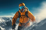 Close-up of a boy in an orange ski jacket with ski goggles on a snowy mountain.
