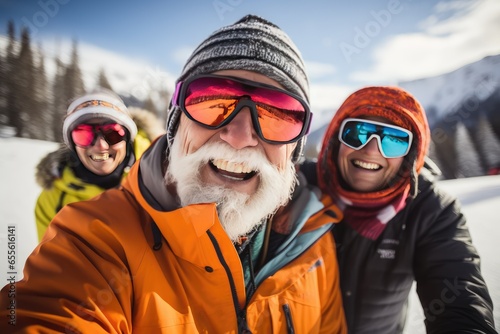 Group of elderly people taking a selfie with a smartphone while skiing and snowboarding at a ski resort.