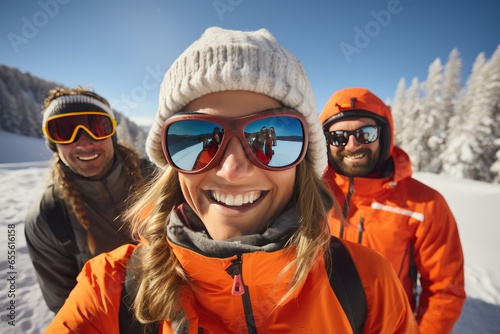 A group of skiers, women and men take a selfie on a ski slope