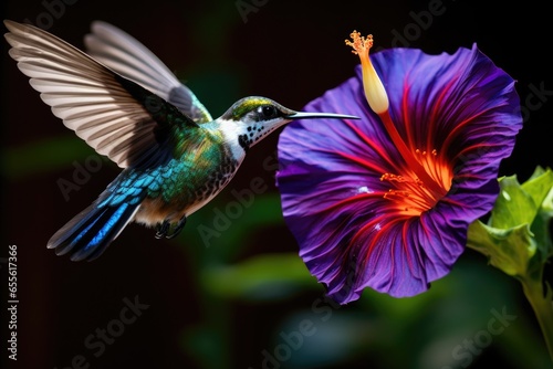 a multicolored hummingbird, wings blurred, feeding from a purple hibiscus