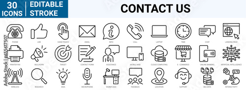 set of 30 line web icons Contact us. Support, message, phone, globe, point, chat, call, info. Collection of Outline Icons. Vector illustration.