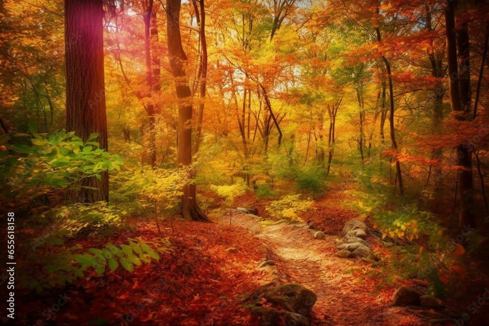 Autumn forest scene with vibrant colors and a peaceful ambiance. Generative AI
