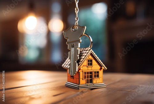 Small house-shaped keychain lies on the table. Successful real estate deal. Keys to a new home, Generative AI
