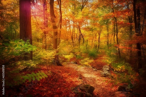 Autumn forest scene with vibrant colors and a peaceful ambiance. Generative AI