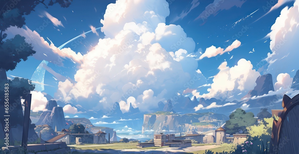 Lost land fantasy world with beautiful sky in digital art painting illustration  - obrazy, fototapety, plakaty 