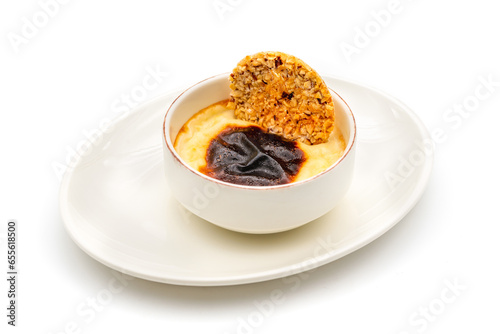 Traditional turkish dessert bakery rice pudding Turkish name Firin Sutlac in ceramic bowl