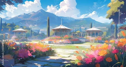 Landscape with yellow and pink flower garden in digital art painting style 
