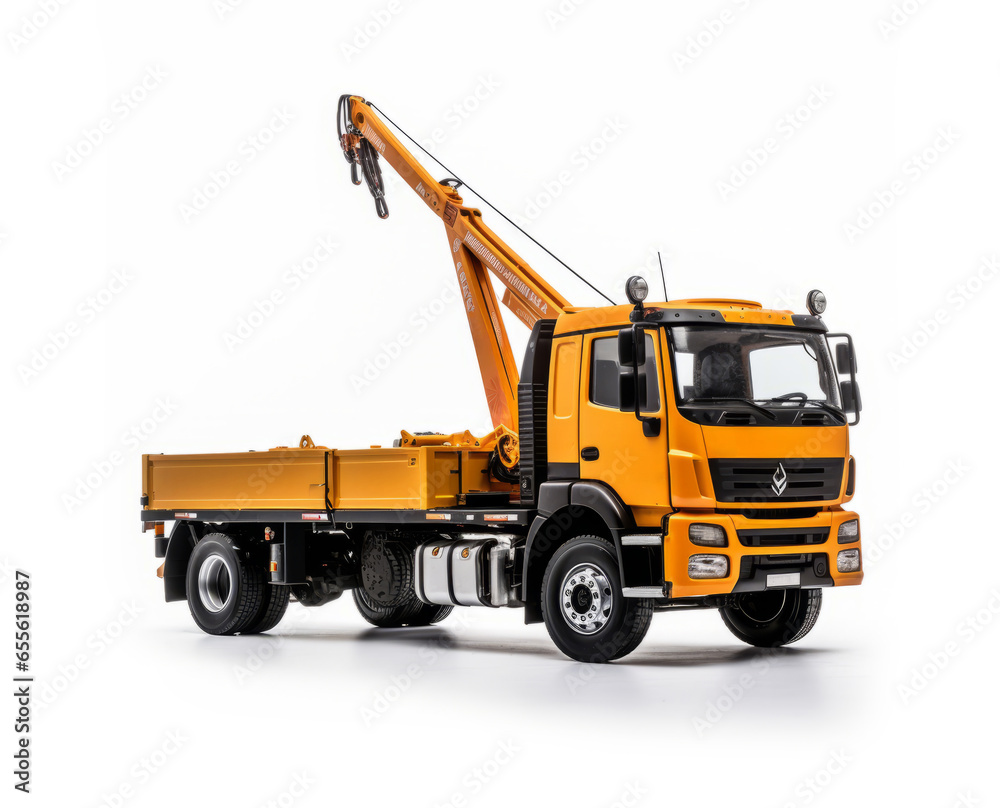 Yellow flatbed truck with crane arm. Car manipulator isolated on a white background