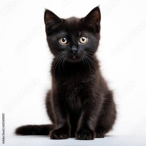 Cute black baby cat looking at the camera, isolated on white background
