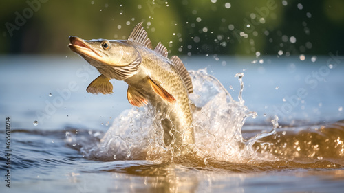 Northern pike fish jumping out of lake or river with water splashing. 
