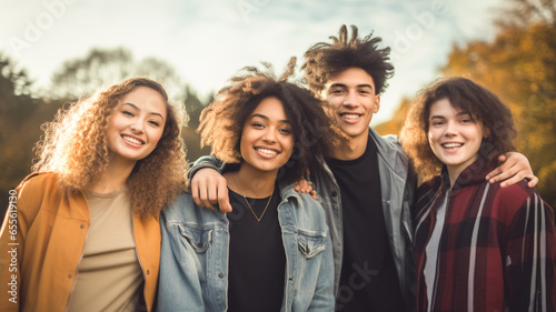 Hugging happy students of different nationalities, best friends. Multiracial concept.
