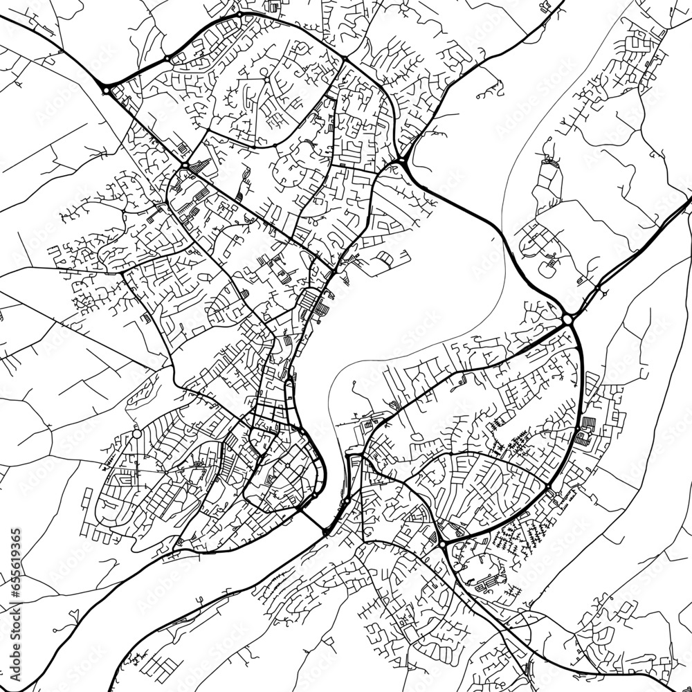 1:1 square aspect ratio vector road map of the city of  Derry in the United Kingdom with black roads on a white background.