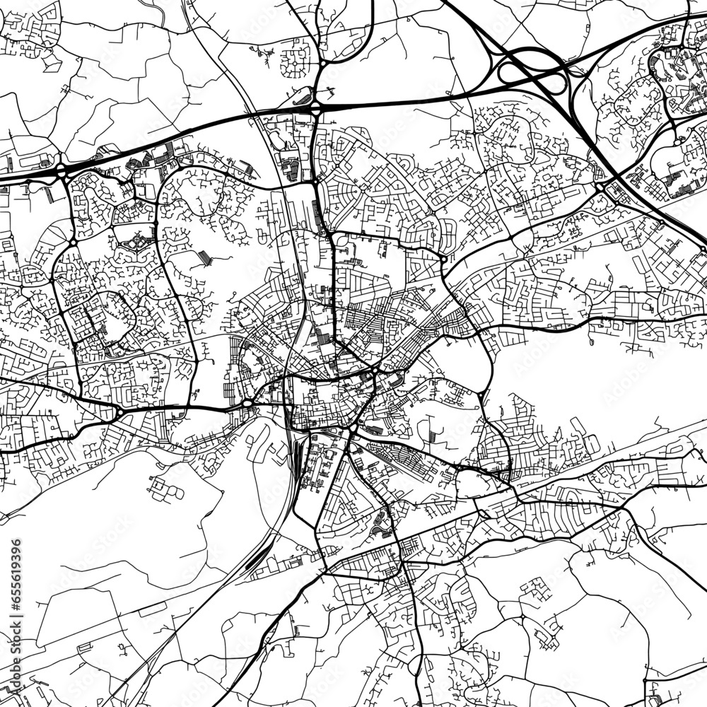 1:1 square aspect ratio vector road map of the city of  Warrington in the United Kingdom with black roads on a white background.