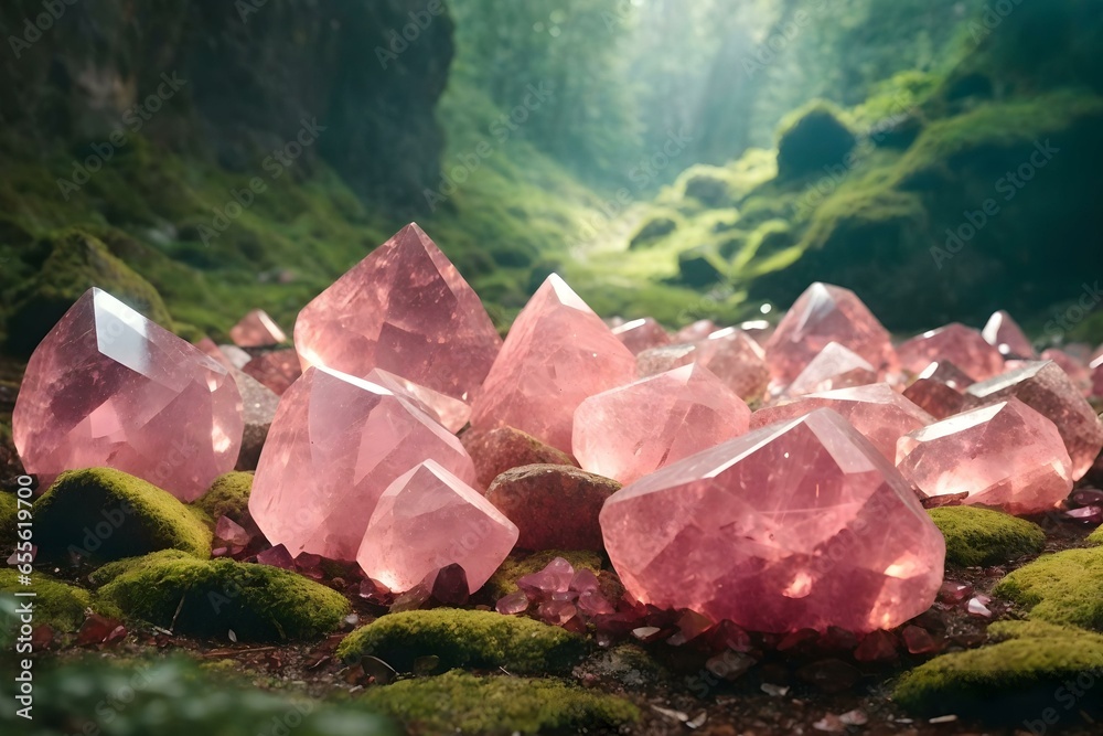 Group of Rose Quartz Crystal stones in the cave. Lucky stones. healing rocks. - obrazy, fototapety, plakaty 