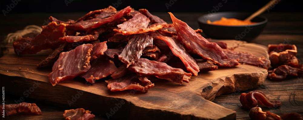 Beef jerky meat on table.