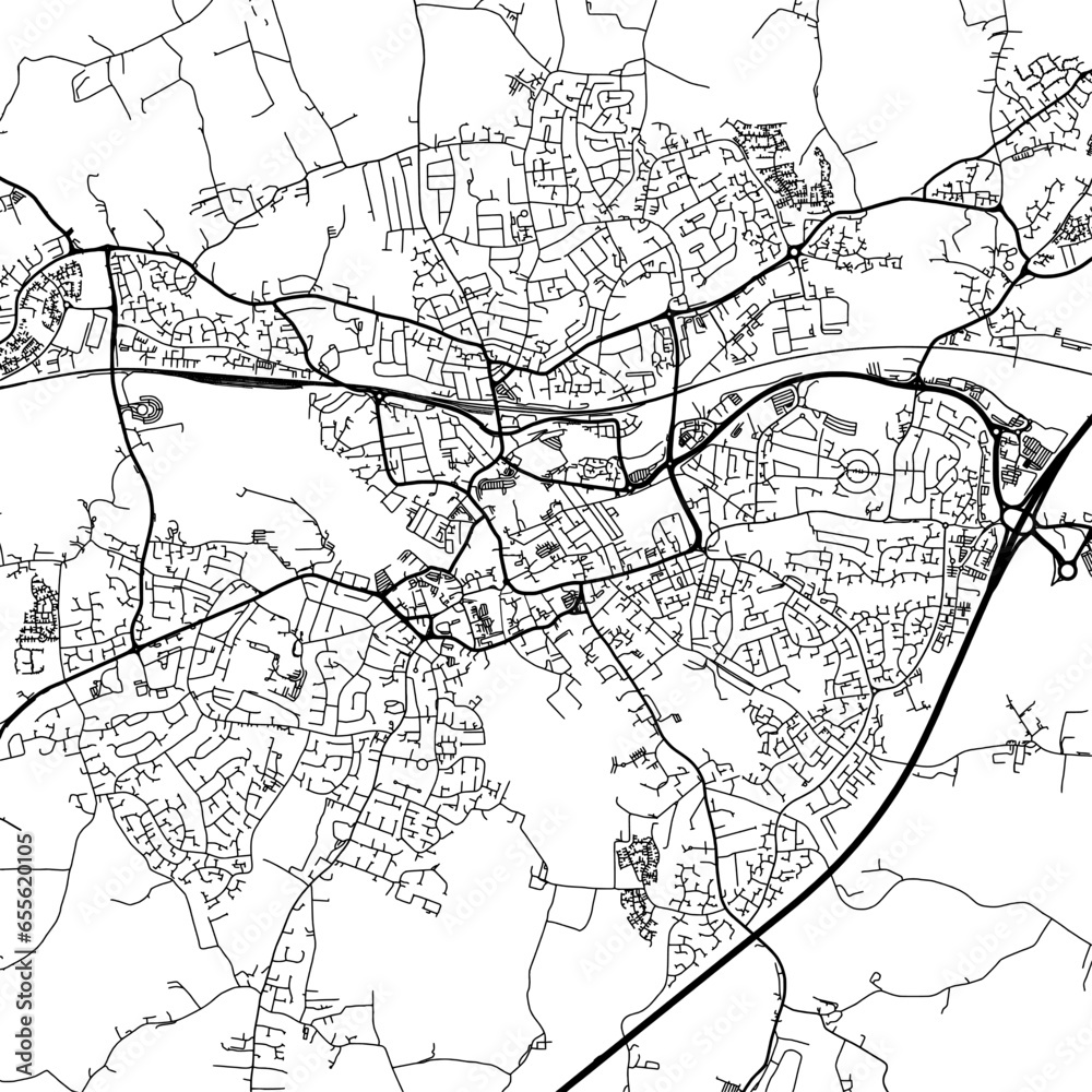 1:1 square aspect ratio vector road map of the city of Taunton in the United Kingdom with black roads on a white background. 1:1 square aspect ratio vector road map of the city of Taunton in the United Kingdom with black roads on a white background.