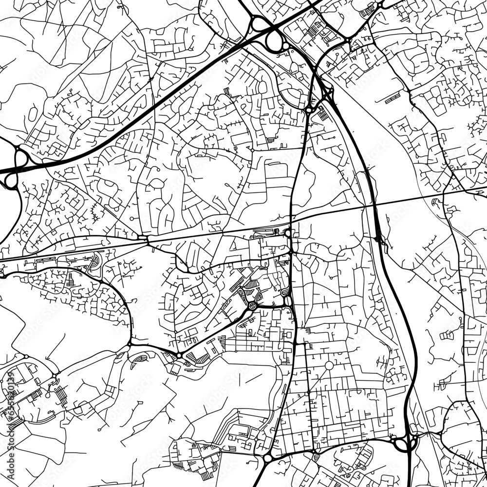 Naklejka premium 1:1 square aspect ratio vector road map of the city of Farnborough in the United Kingdom with black roads on a white background.