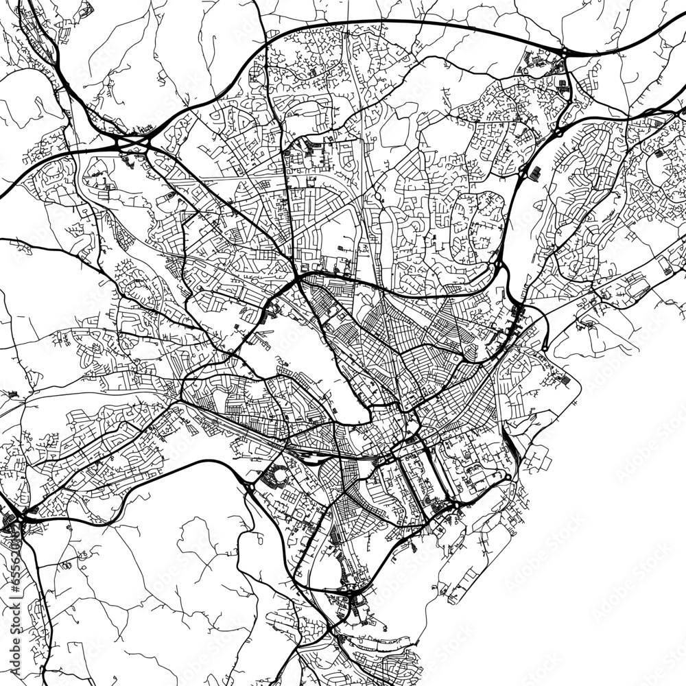 1:1 square aspect ratio vector road map of the city of  Cardiff in the United Kingdom with black roads on a white background.