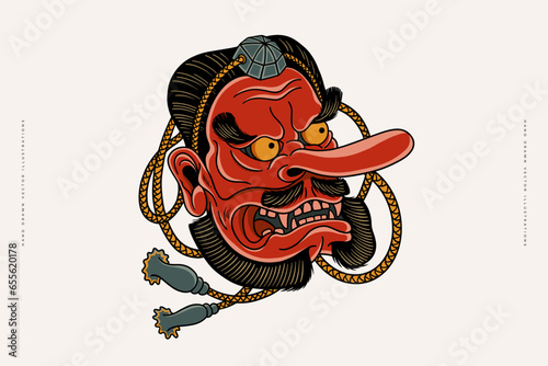 Red Tengu mask on a light background. Japanese mythical deity. A traditional part of the Asian national masquerade costume. Vector illustration.