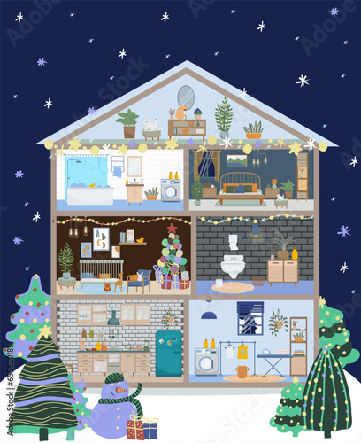 Christmas hause in cut, apartment inside. Kitchen, living room, bedroom, bathroom with furnitures. Vector detailed modern house interior in flat style. Winter scene.