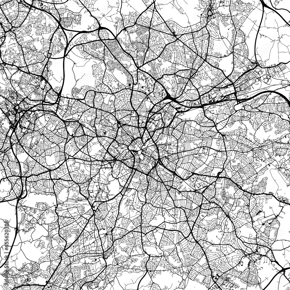 1:1 square aspect ratio vector road map of the city of Birmingham in the United Kingdom with black roads on a white background. 1:1 square aspect ratio vector road map of the city of Birmingham in the United Kingdom with black roads on a white background.