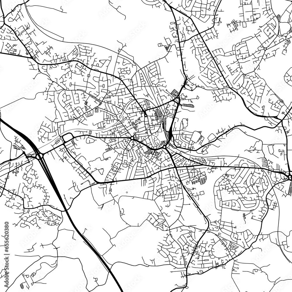 1:1 square aspect ratio vector road map of the city of  Barnsley in the United Kingdom with black roads on a white background.