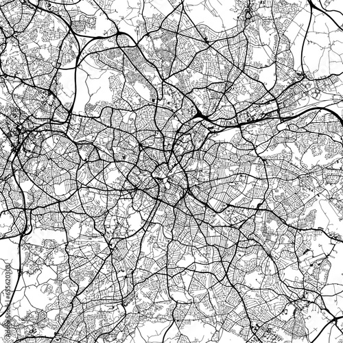 1:1 square aspect ratio vector road map of the city of Birmingham in the United Kingdom with black roads on a white background.