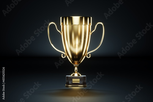 Gold award, winner's cup on a dark background. Concept winner, award, competition, show, competition, black and gold luxury style. 3D illustration, 3D render.
