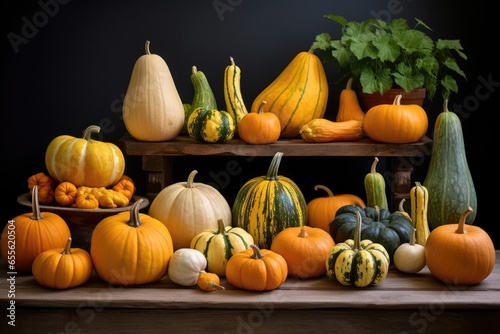 a variety of squash arranged on a table
