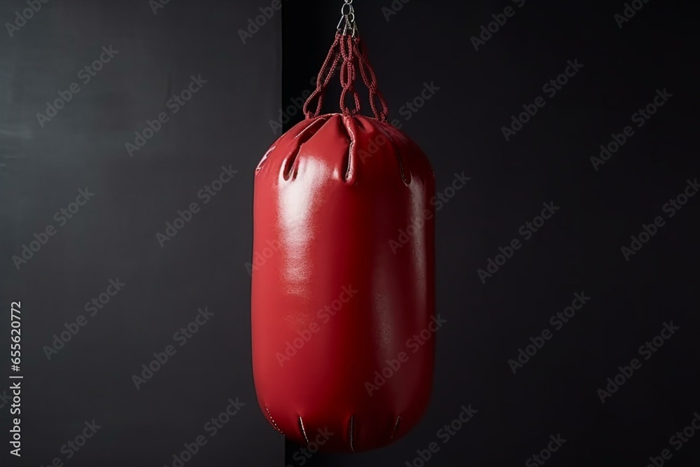 Boxing training. Red leather punching bag. Generative AI