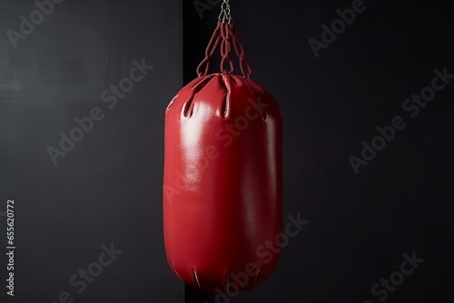 Boxing training. Red leather punching bag. Generative AI © Mark