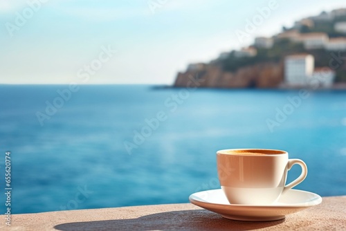 Coffee cup with a blurred Mediterranean sea background. Generative AI