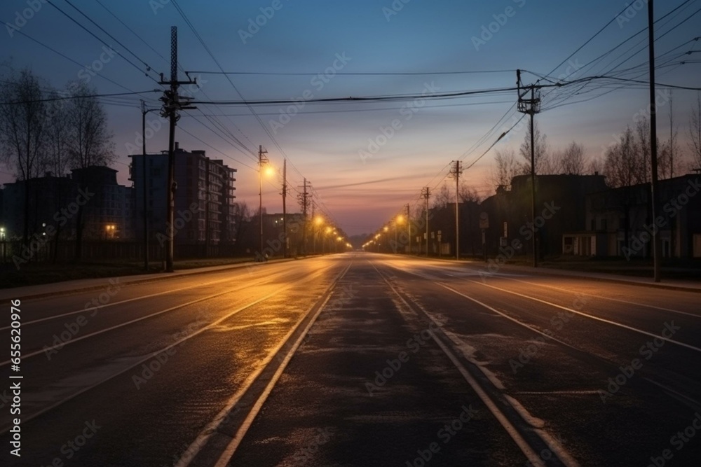 Deserted road during evening in urban area. Generative AI