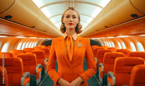 Air hostess in vintage orange airplane cabin. 1960 retro vibe. Generative AI