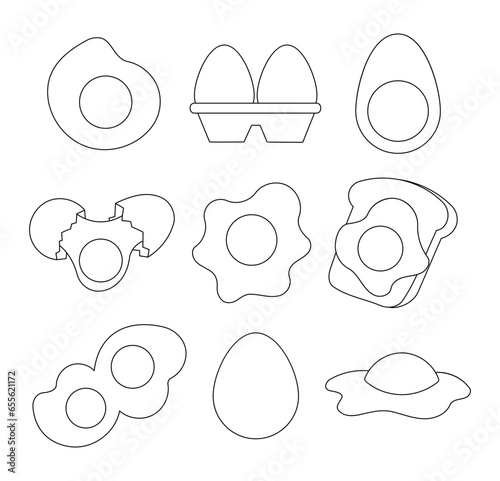 Chicken egg morning breakfast. Coloring Page. Yolk protein food product. Vector drawing. Collection of design elements.
